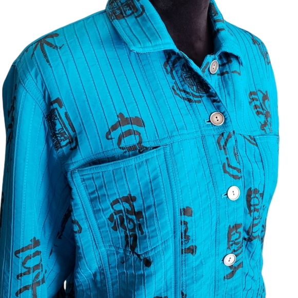 Chico's Blue Asian Symbols Inspired Button Down Jacket Size Medium - Picture 3 of 7